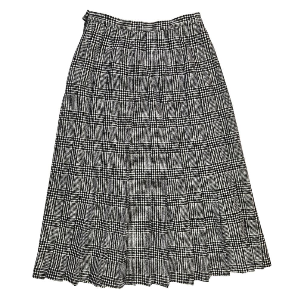 Vintage Pendleton Plaid Pleated Skirt Size 8P Petite 100% Wool Midi Black White - Picture 2 of 5